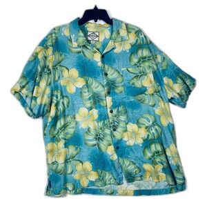 Three Palm Brand Shirt Mens XL Blue Silk Hawaiian Short Sleeve Button Up Floral